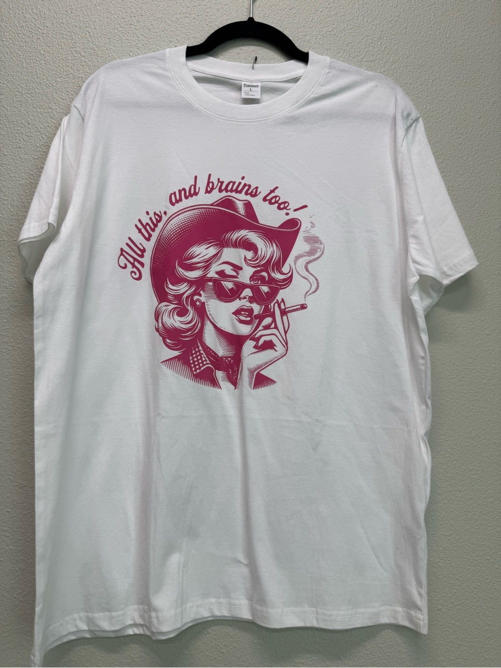 NWOT White Graphic Cotton Tee with Pink Retro Cowgirl Illustration,Size Large